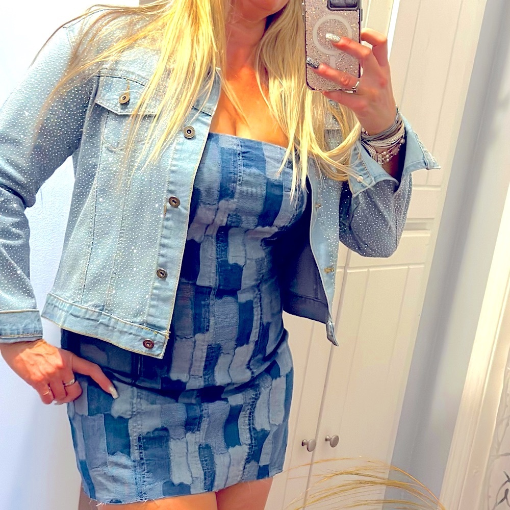 Denim Bodycon Tube Dress, Indigo Patchwork, HOT Hot item Size XS, XXS - Picture 2 of 12